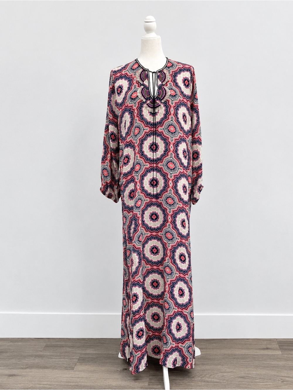 TAJ by Sabrina Crippa size L 100% Silk Geometric Beaded V-Neck Maxi Dress